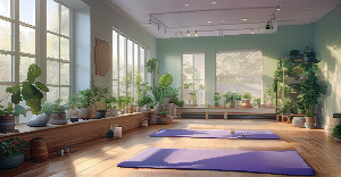 A tranquil yoga studio with diverse individuals practicing yoga, surrounded by natural light and greenery.