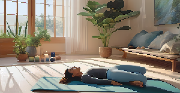 An indoor yoga space with calming ambiance, featuring a person lying on a mat in a meditative pose surrounded by greenery and soft lighting.