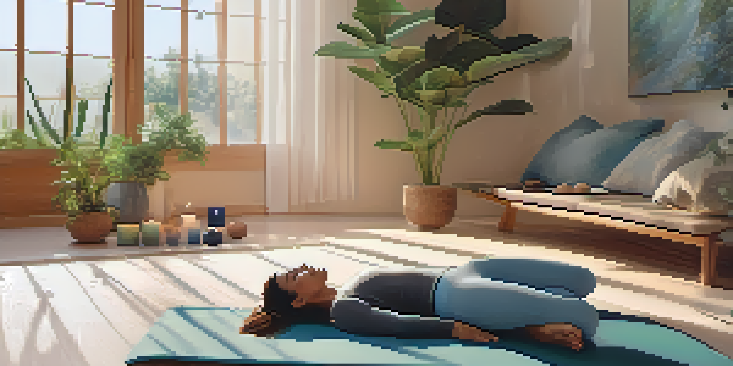 An indoor yoga space with calming ambiance, featuring a person lying on a mat in a meditative pose surrounded by greenery and soft lighting.