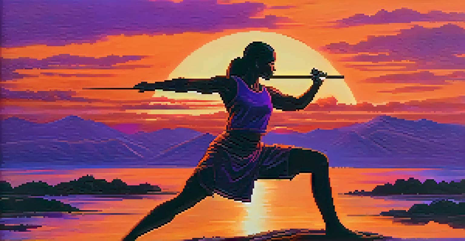 A person in Warrior II pose during a sunset, with a journal and pen on the ground nearby.