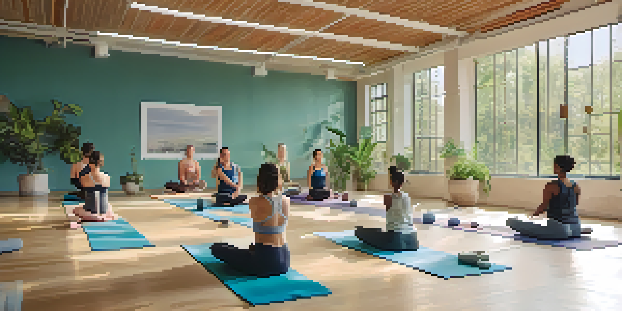 A peaceful yoga class in a bright studio with students practicing and an instructor demonstrating poses.