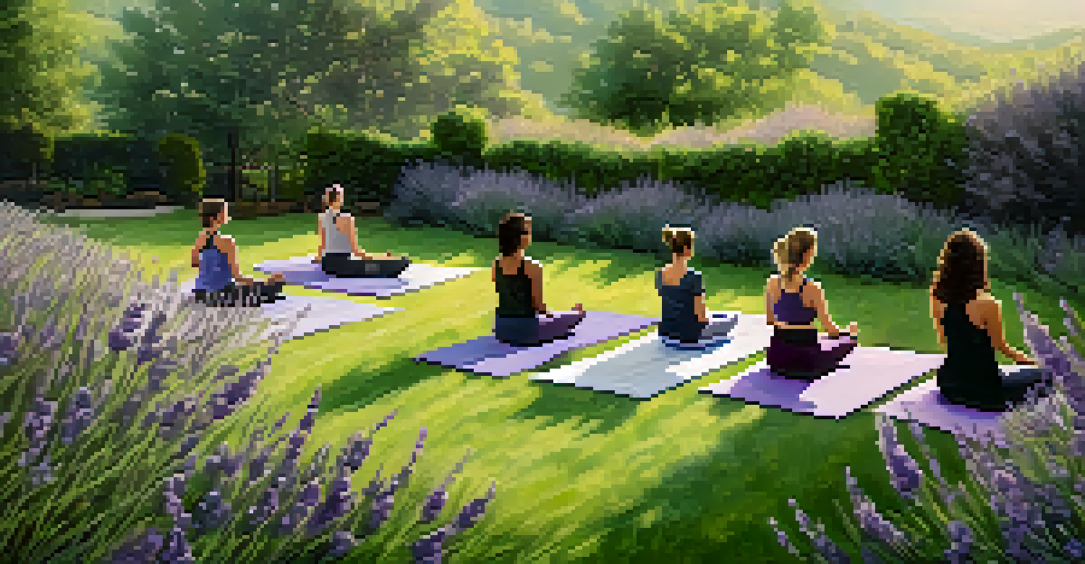 An aerial view of a yoga class outdoors, with participants practicing on mats among blooming lavender flowers.