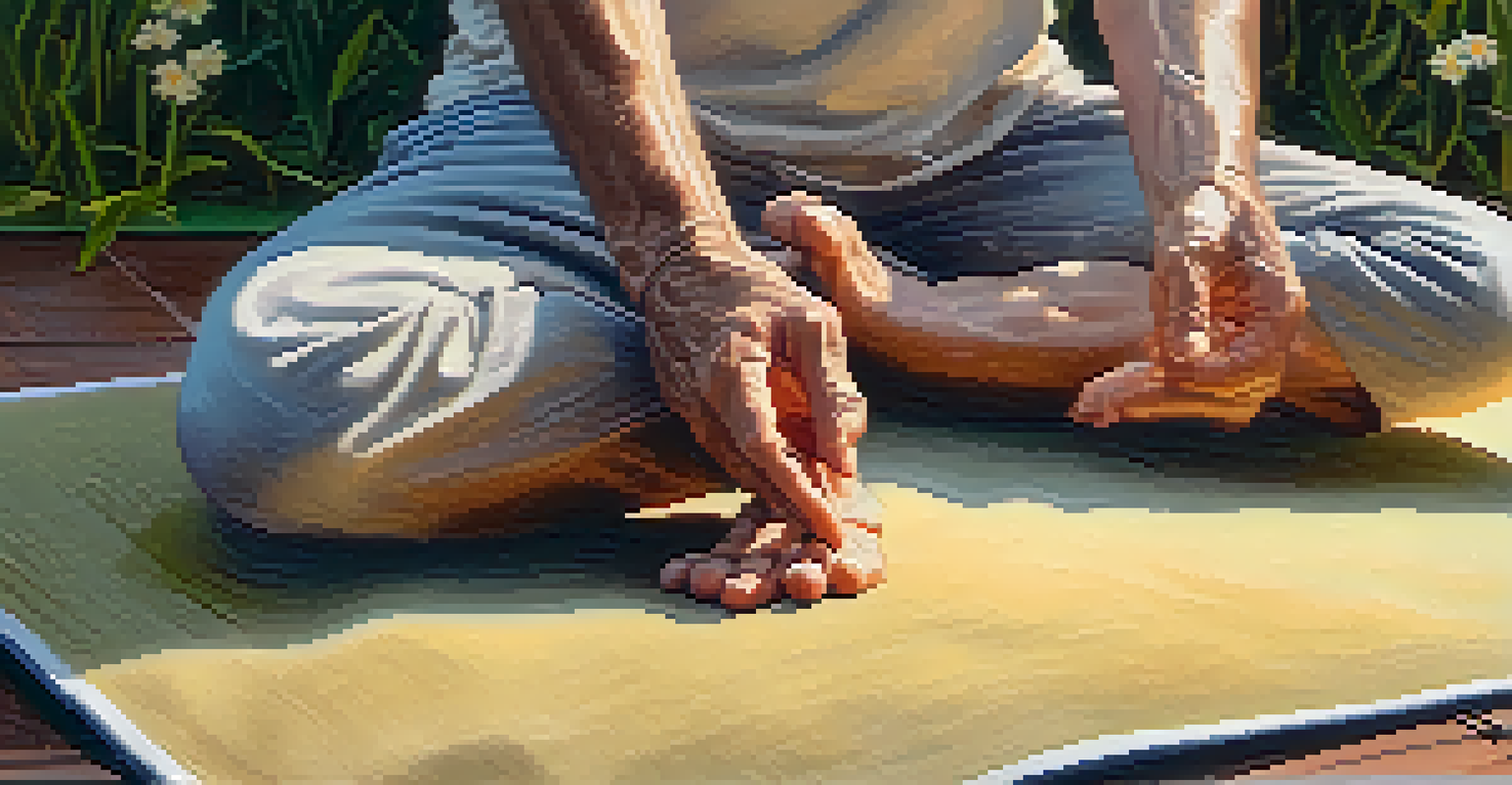 A close-up of an elderly man's hands in a meditation pose with a beautiful garden in the background.