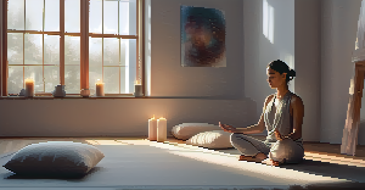 A person practicing Yin yoga in a softly lit room with cushions and candles.
