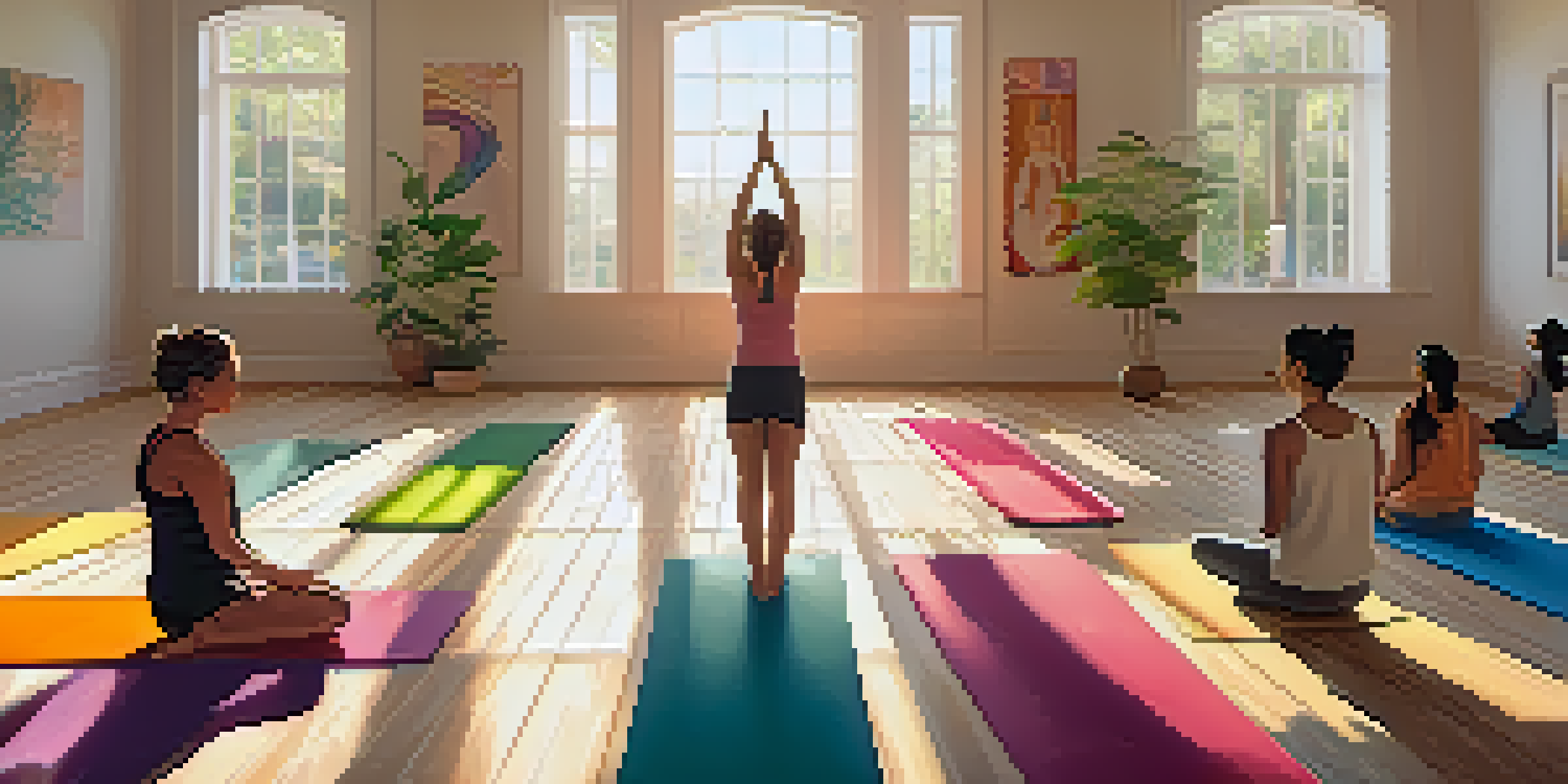 A yoga studio filled with diverse individuals practicing yoga in a tranquil setting, with sunlight streaming through large windows.