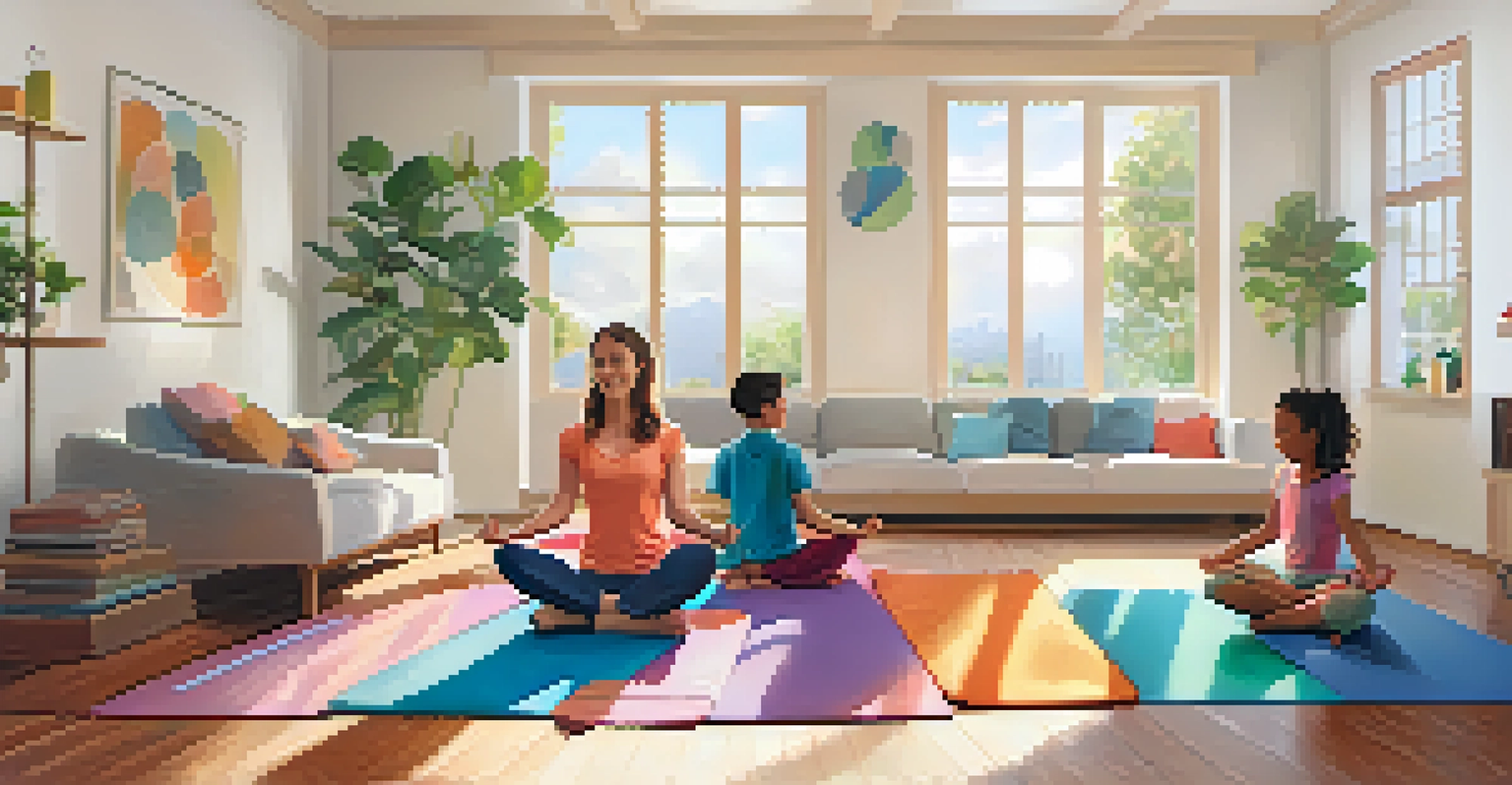 A family practicing yoga together in a bright living room, showcasing playful yoga poses.