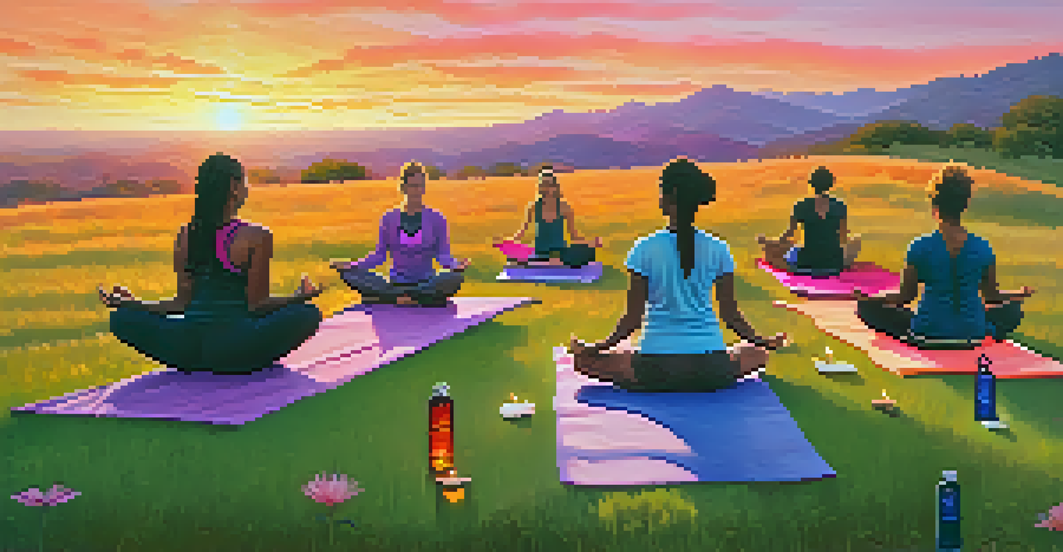 A sunset yoga session on a grassy hill with diverse practitioners and essential oil bottles nearby.