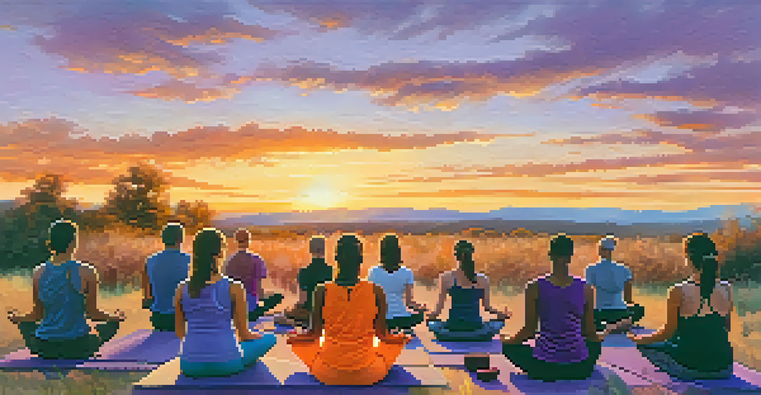Activists engaged in breathwork during an outdoor yoga class at sunset, surrounded by warm colors and a peaceful atmosphere.