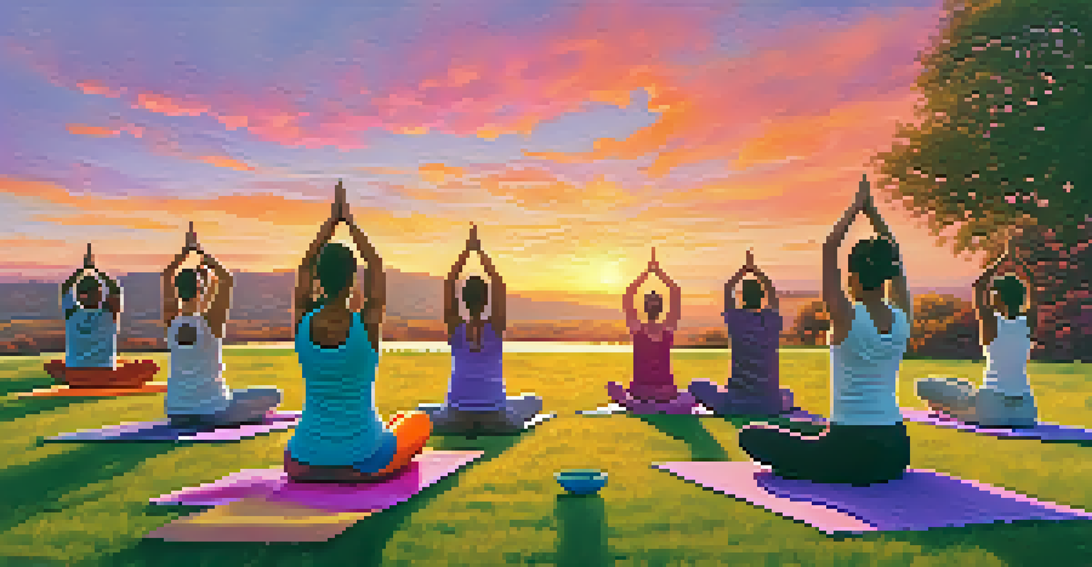 A group of people practicing yoga outdoors at sunset with a colorful sky.