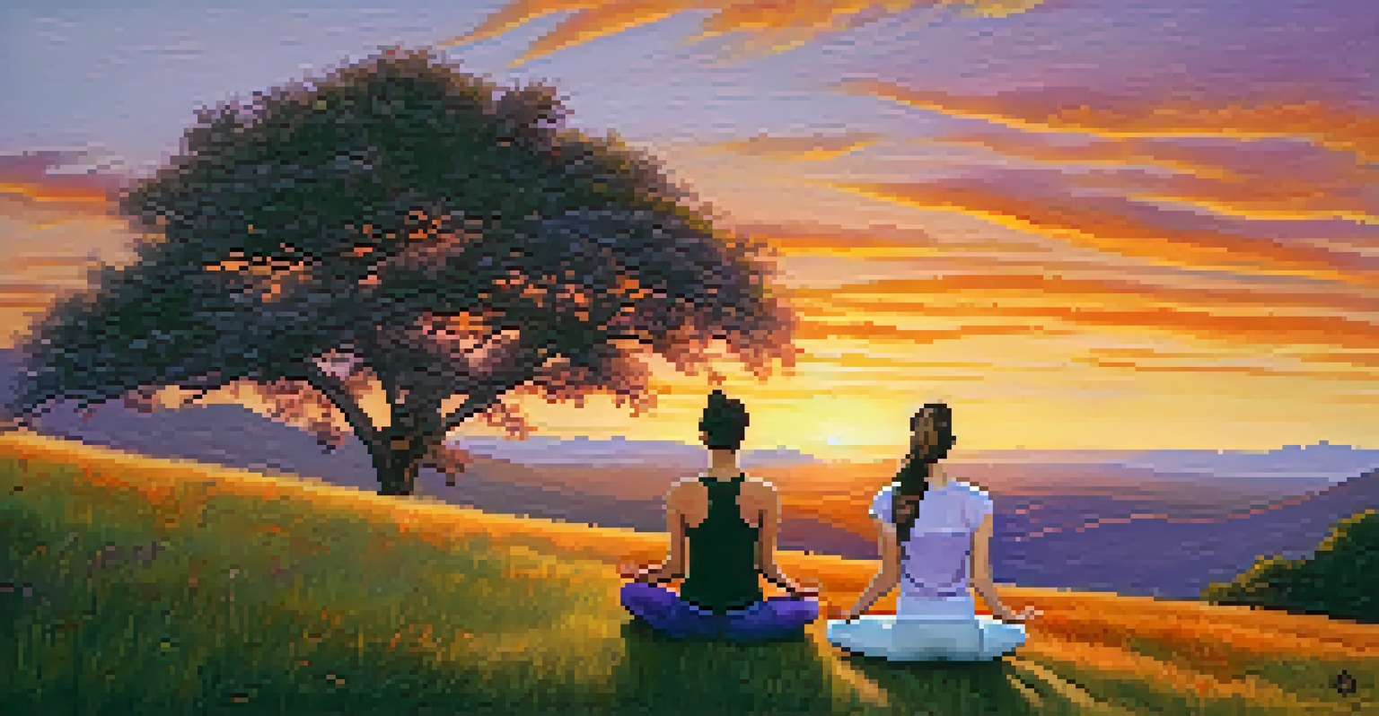 A person practicing yoga on a hilltop at sunset, surrounded by colorful skies and nature.