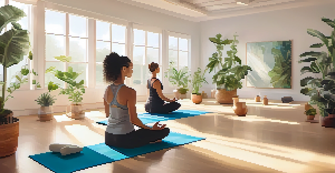 A diverse group practicing yoga in a peaceful studio, surrounded by plants and soft morning light.