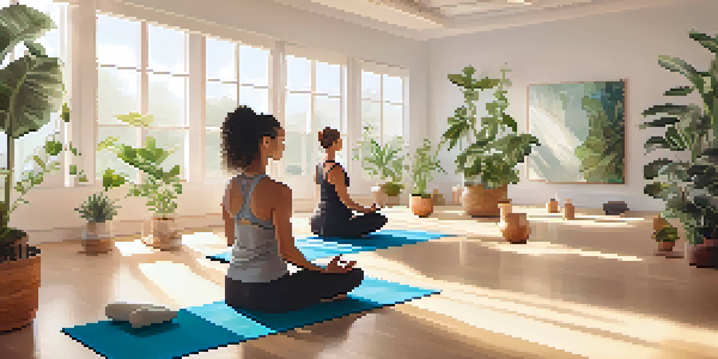 A diverse group practicing yoga in a peaceful studio, surrounded by plants and soft morning light.