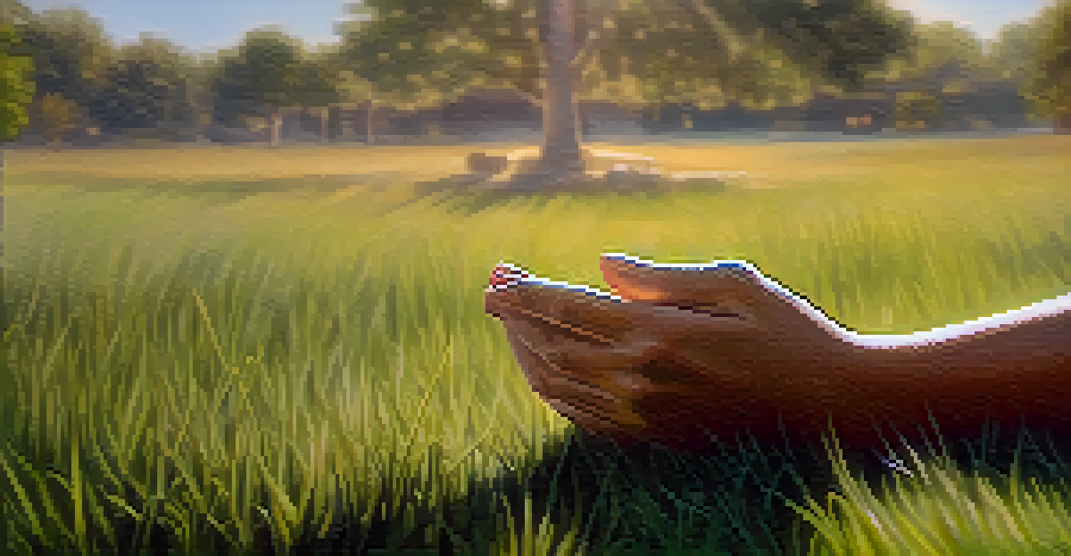 Close-up of hands in a meditative gesture, with a peaceful outdoor setting in the background.