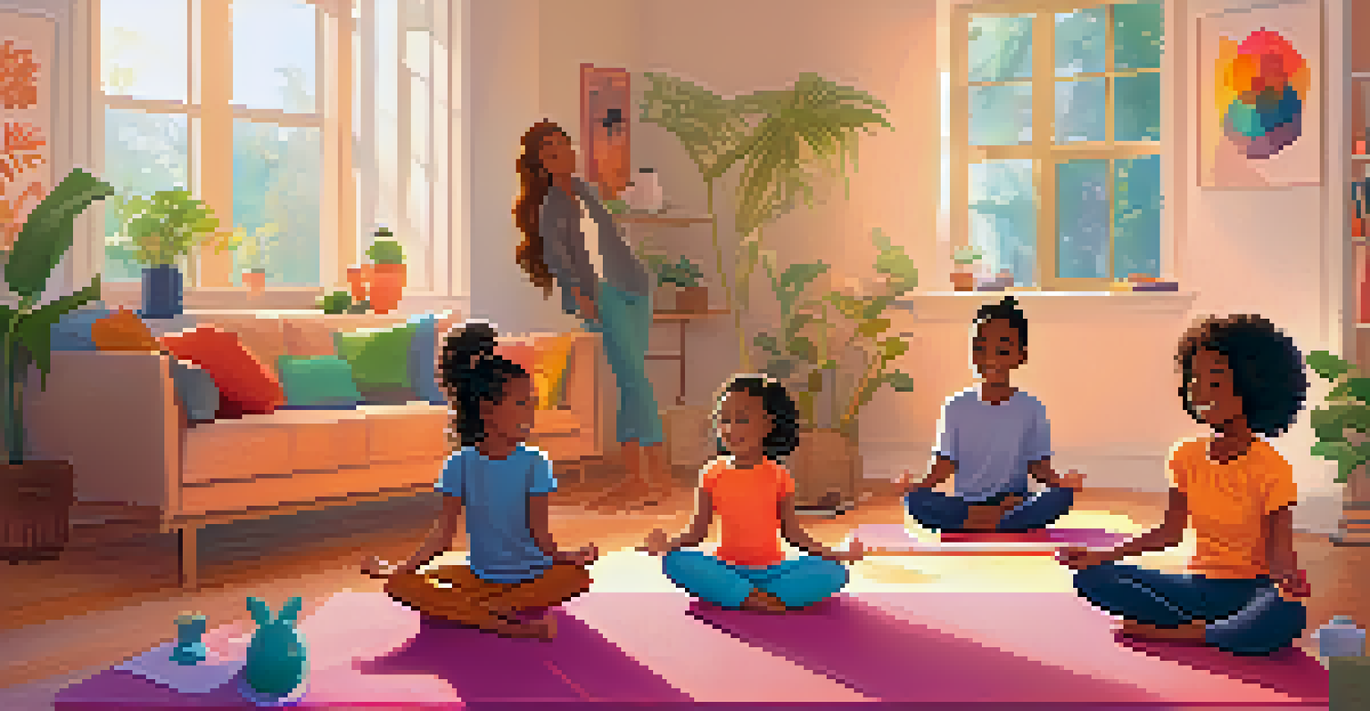 A diverse family practicing yoga together in a cozy living room, surrounded by colorful mats and playful props.
