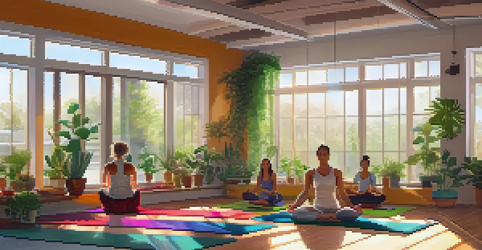 A bright yoga studio filled with diverse students practicing yoga poses on colorful mats under natural light.