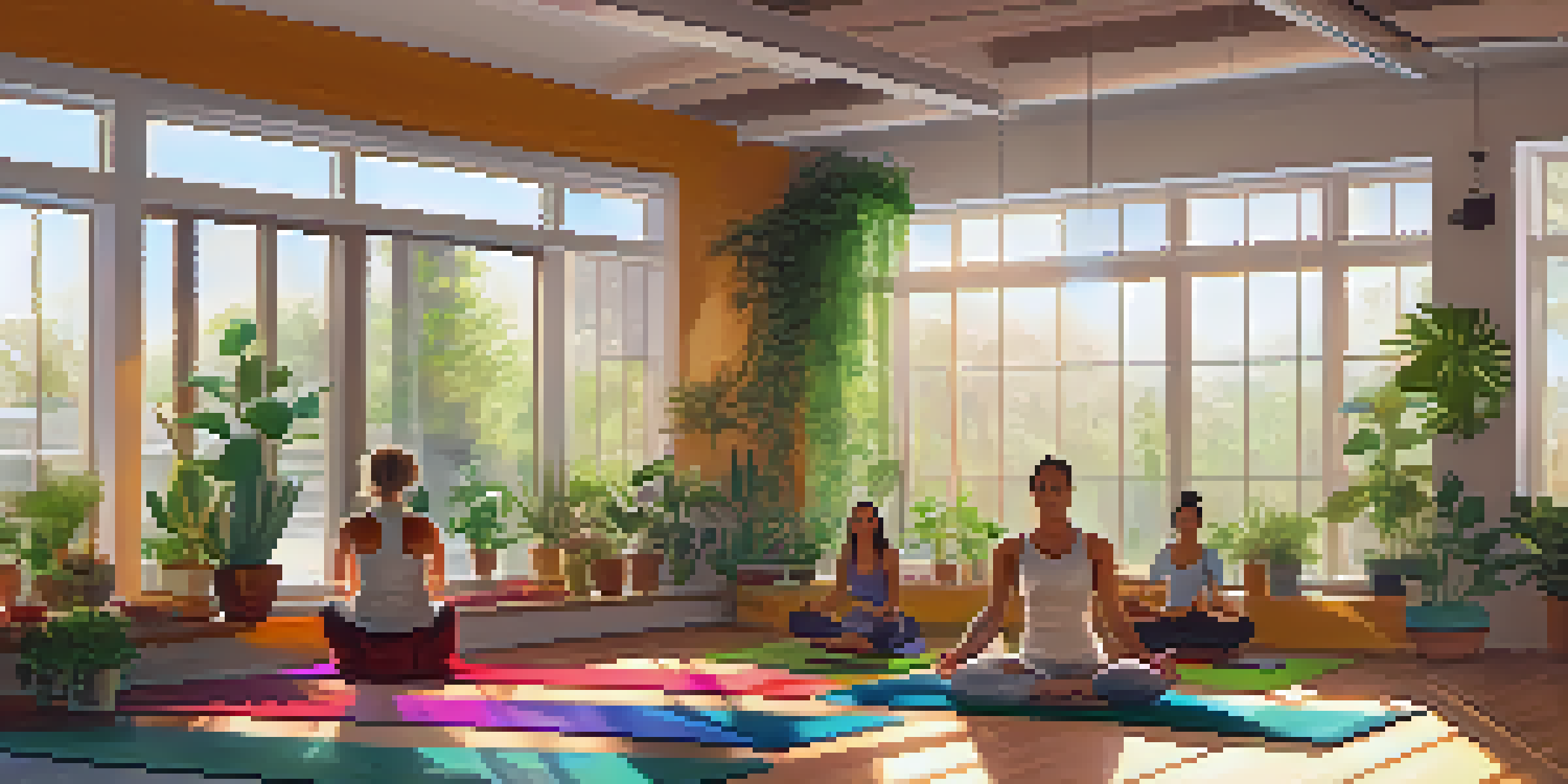 A bright yoga studio filled with diverse students practicing yoga poses on colorful mats under natural light.