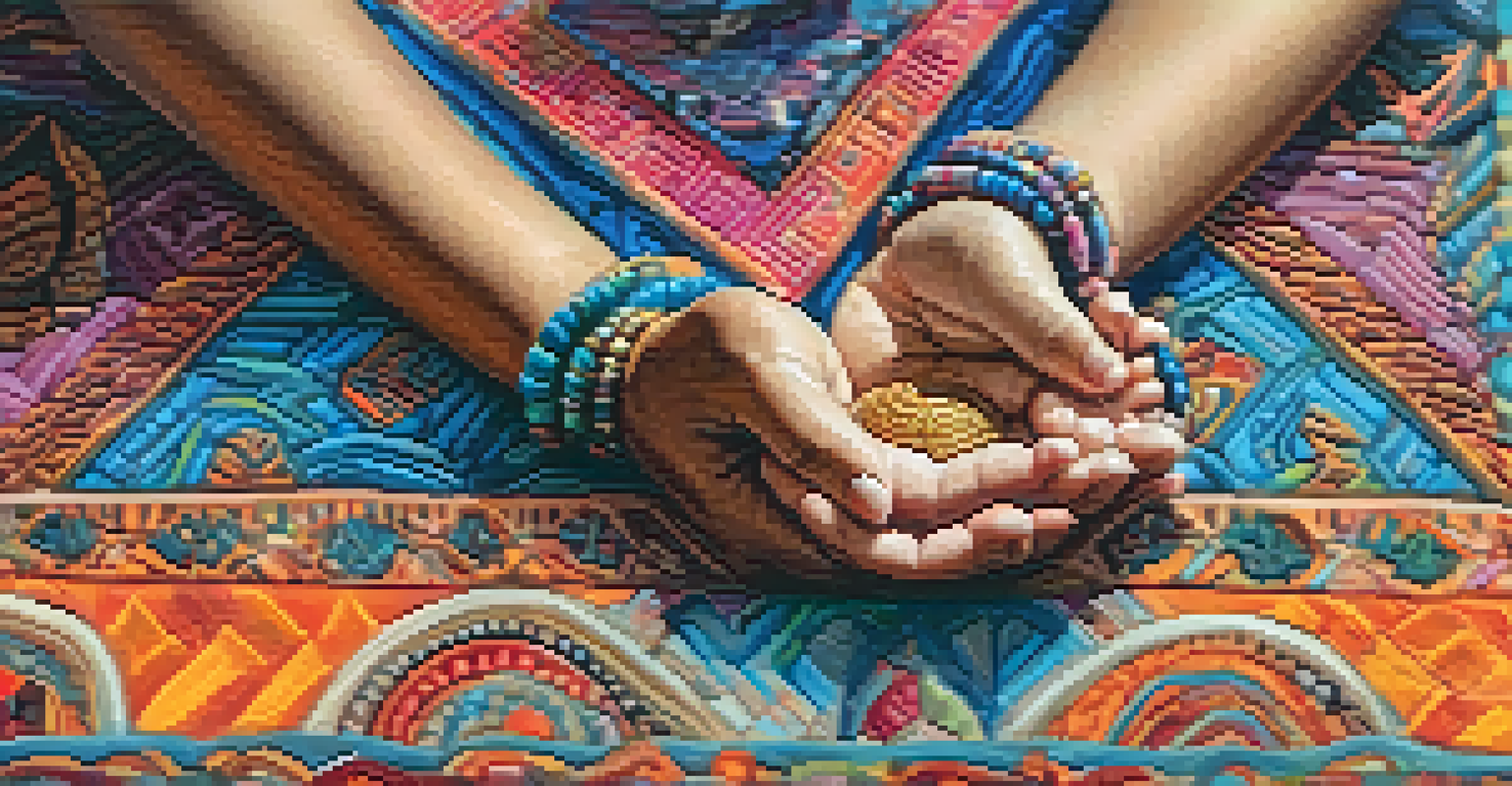 A close-up of hands in a yoga mudra on a colorful yoga mat, with a softly blurred background.