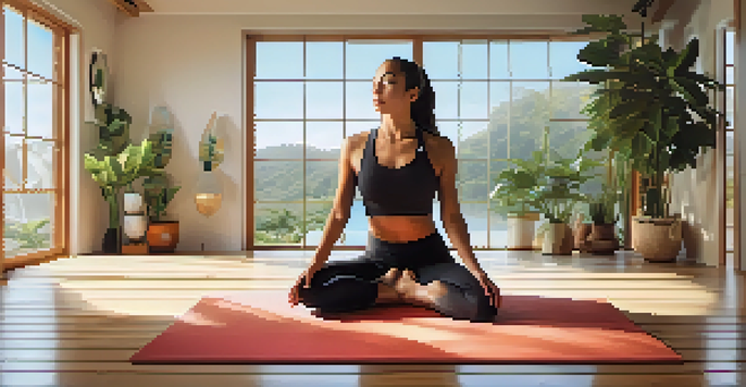 An athlete practicing alternate nostril breathing in a tranquil yoga studio filled with soft morning light and plants.