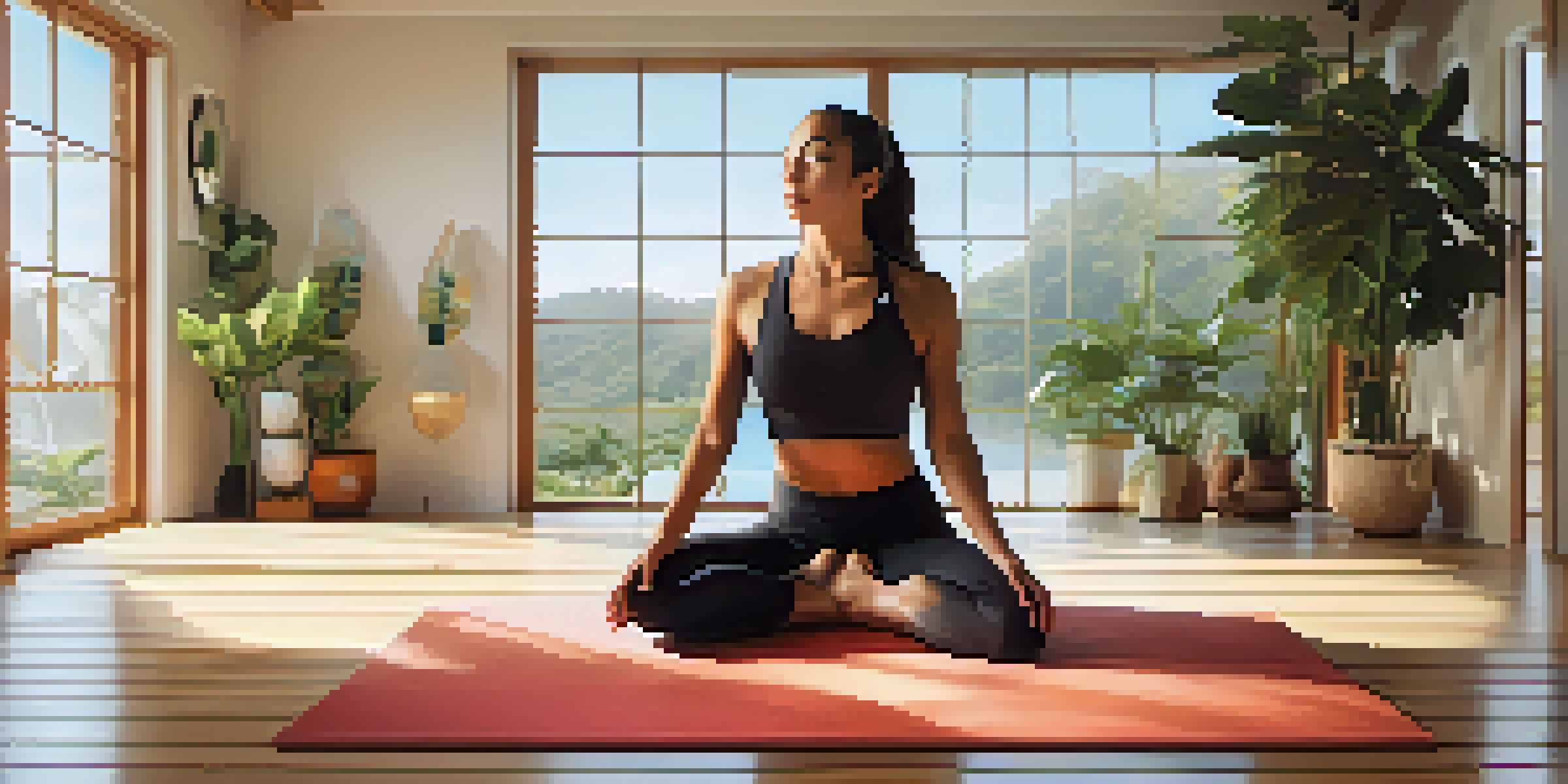An athlete practicing alternate nostril breathing in a tranquil yoga studio filled with soft morning light and plants.