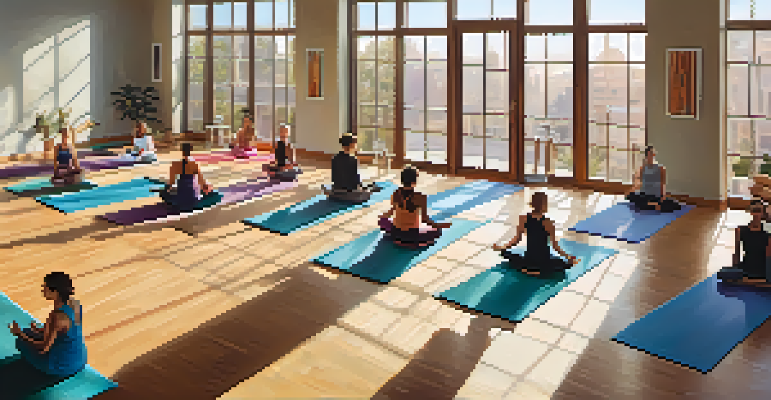 Aerial view of a diverse group of people practicing yoga in a sunlit studio, surrounded by colorful mats.