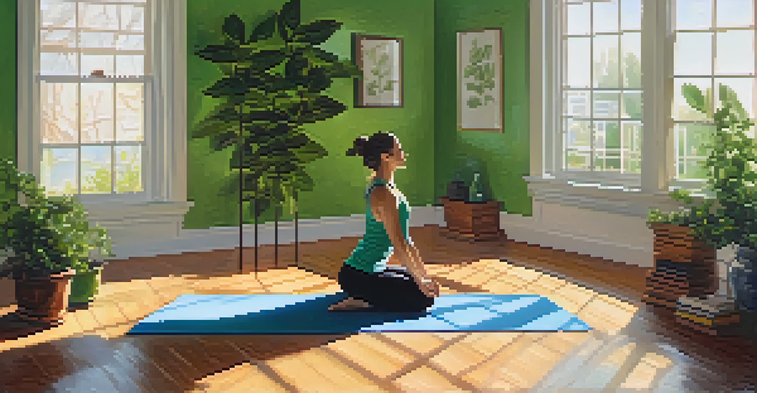 A person practicing yoga in a bright room with peppermint leaves and essential oil, illustrating an invigorating atmosphere.