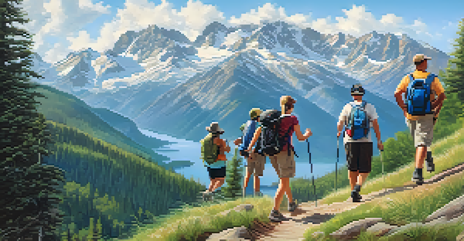 A diverse group of participants happily hiking along a scenic trail at a yoga retreat, with mountains in the background.