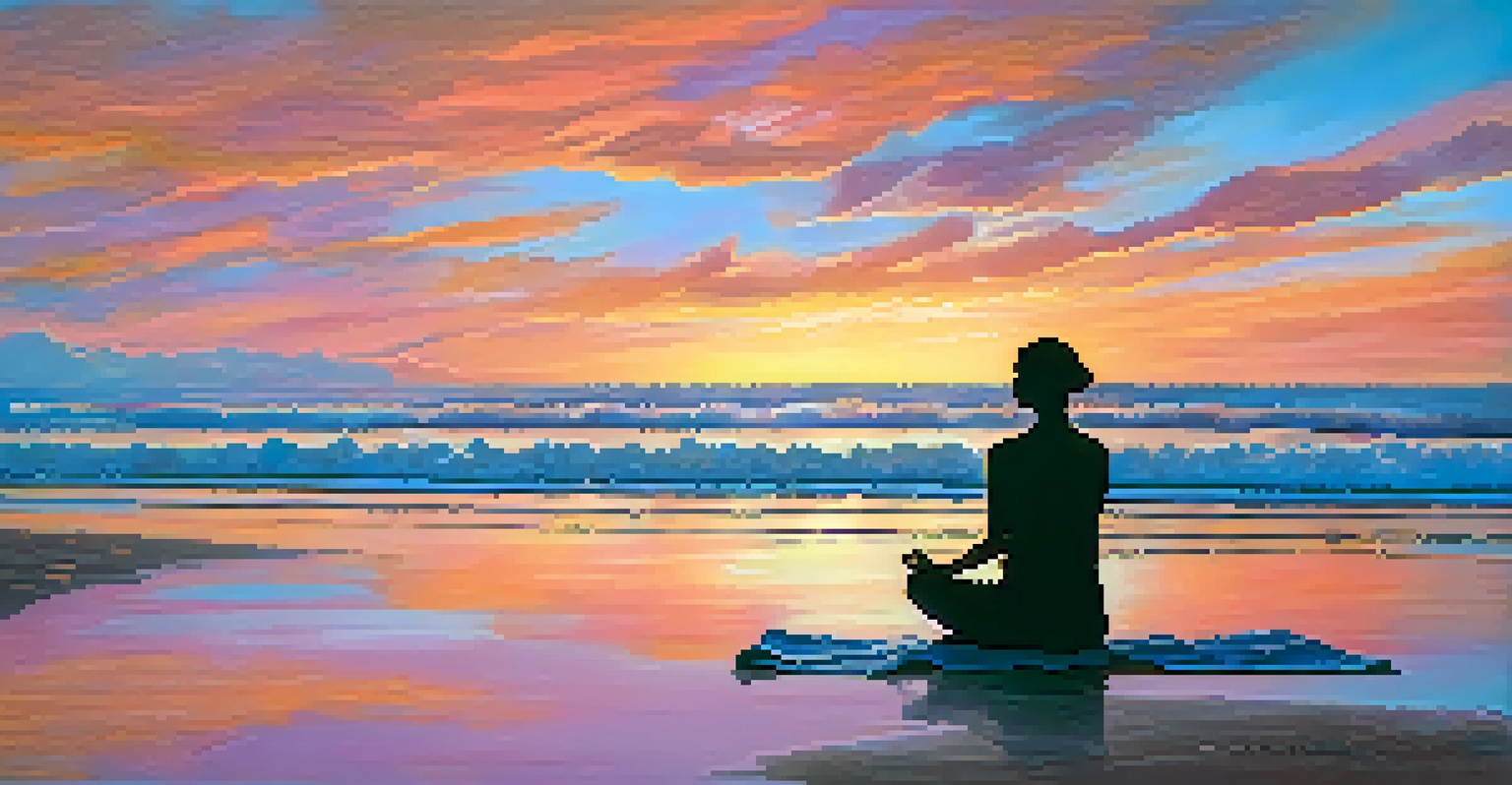 An individual practicing the Pigeon pose on a beach during sunset, with vibrant colors in the sky and a peaceful ocean view.