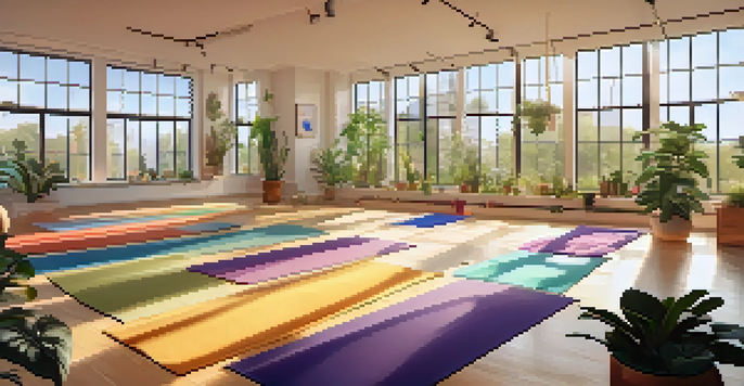A yoga studio with young adults practicing yoga together, surrounded by plants and soft cushions, illuminated by warm sunlight.
