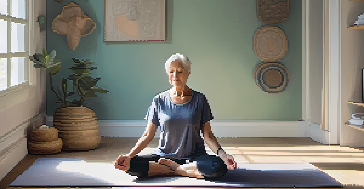 An elderly person performing the Seated Forward Bend yoga pose in a calm and inviting space.
