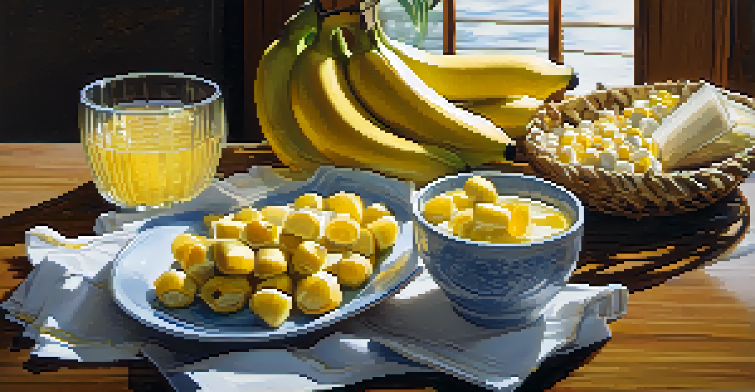A healthy breakfast spread with yellow foods like bananas and sweet corn on a wooden table.