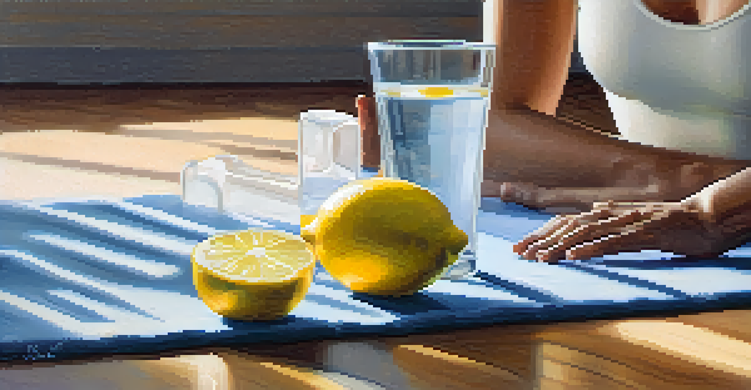 A close-up of a hand holding a glass of water with lemon slices on a yoga mat, with a yoga block and towel in the background.