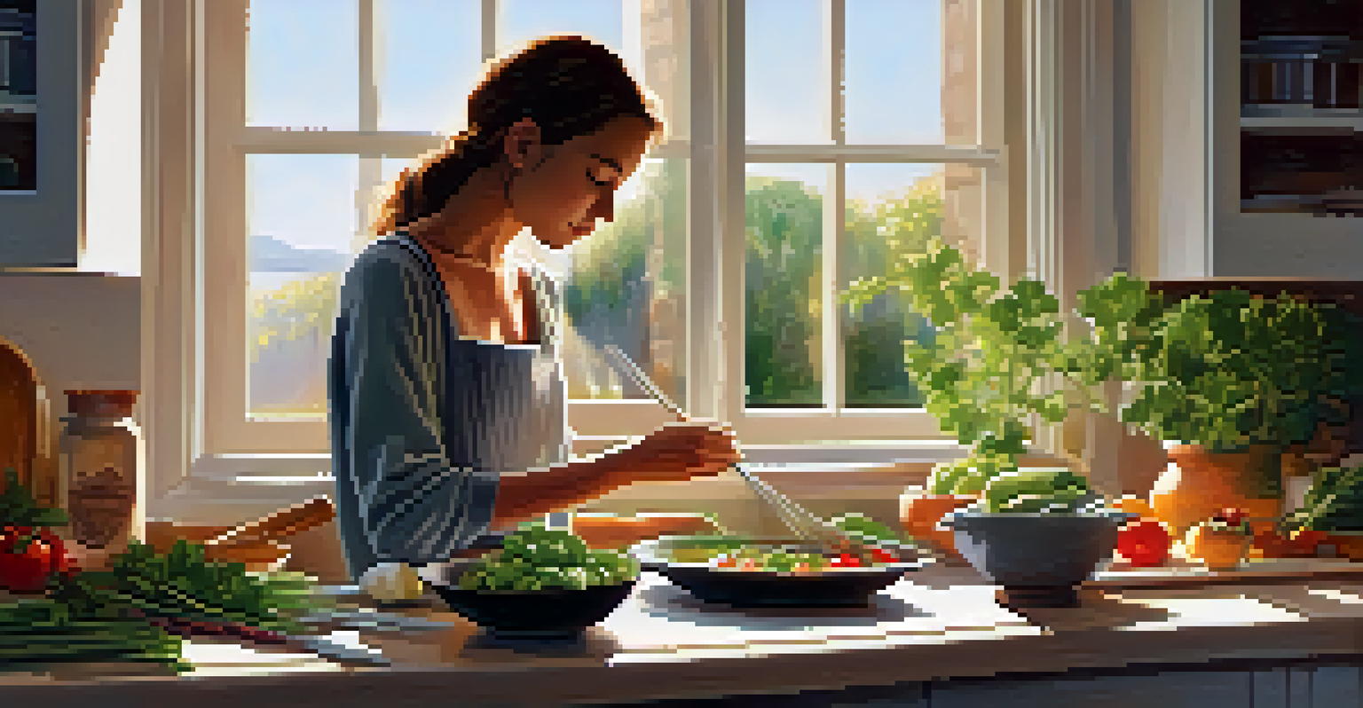 An individual practicing mindful breathing in a cozy kitchen filled with fresh ingredients.