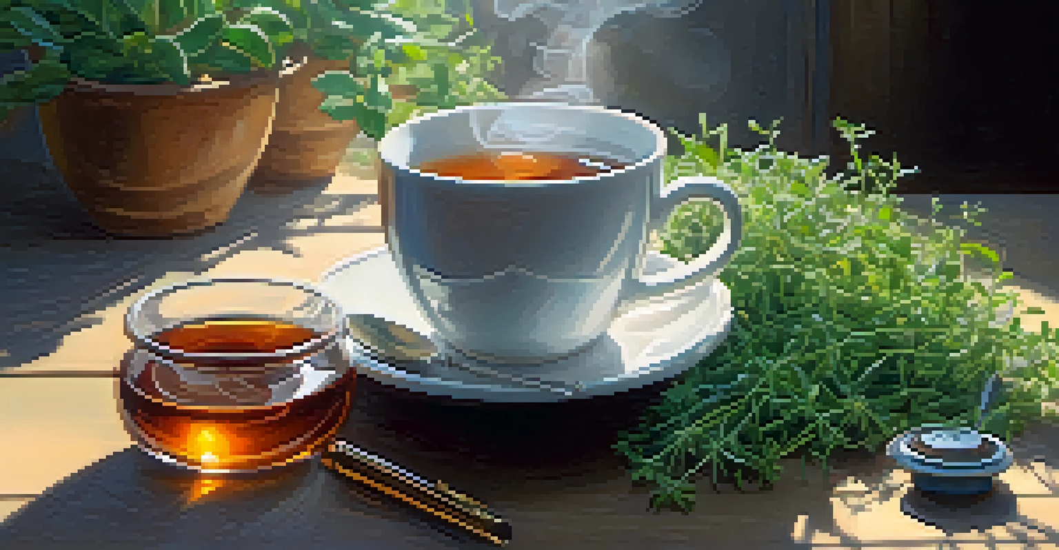 A cup of herbal tea with herbs and a journal on a wooden table.