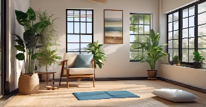 An inviting indoor chair yoga space with a sturdy wooden chair, soft yoga mat, potted plants, and calming artwork, illuminated by natural light.
