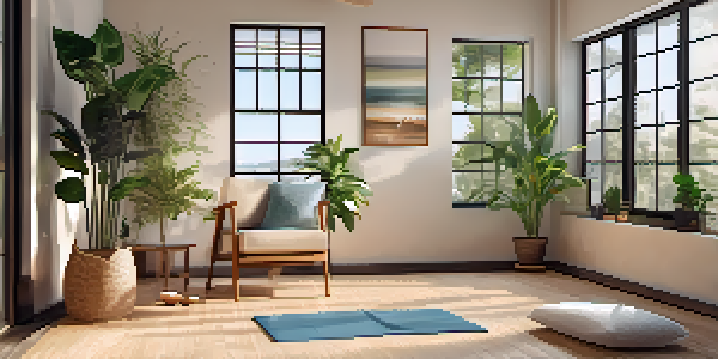 An inviting indoor chair yoga space with a sturdy wooden chair, soft yoga mat, potted plants, and calming artwork, illuminated by natural light.