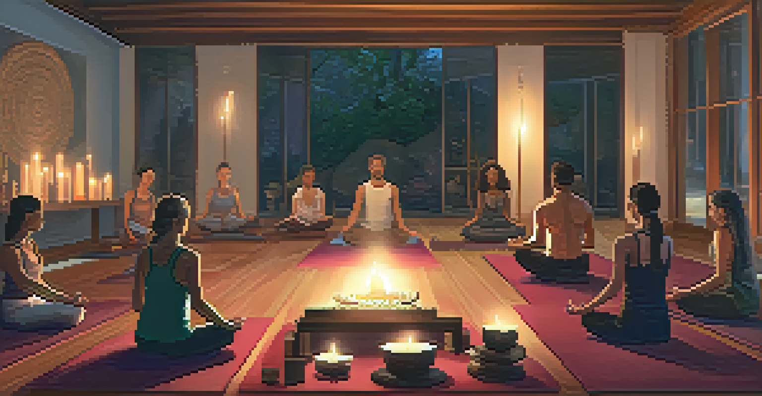A group practicing yoga in a candlelit room surrounded by sound healing instruments, creating a warm and inviting atmosphere.