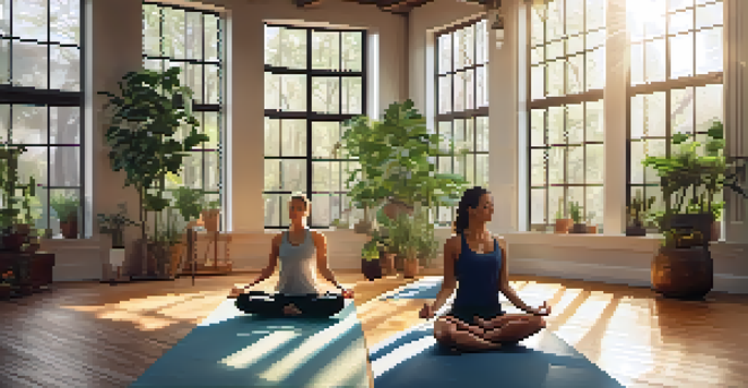Two partners practicing yoga in a bright and tranquil studio, one person supporting the other in a tree pose.