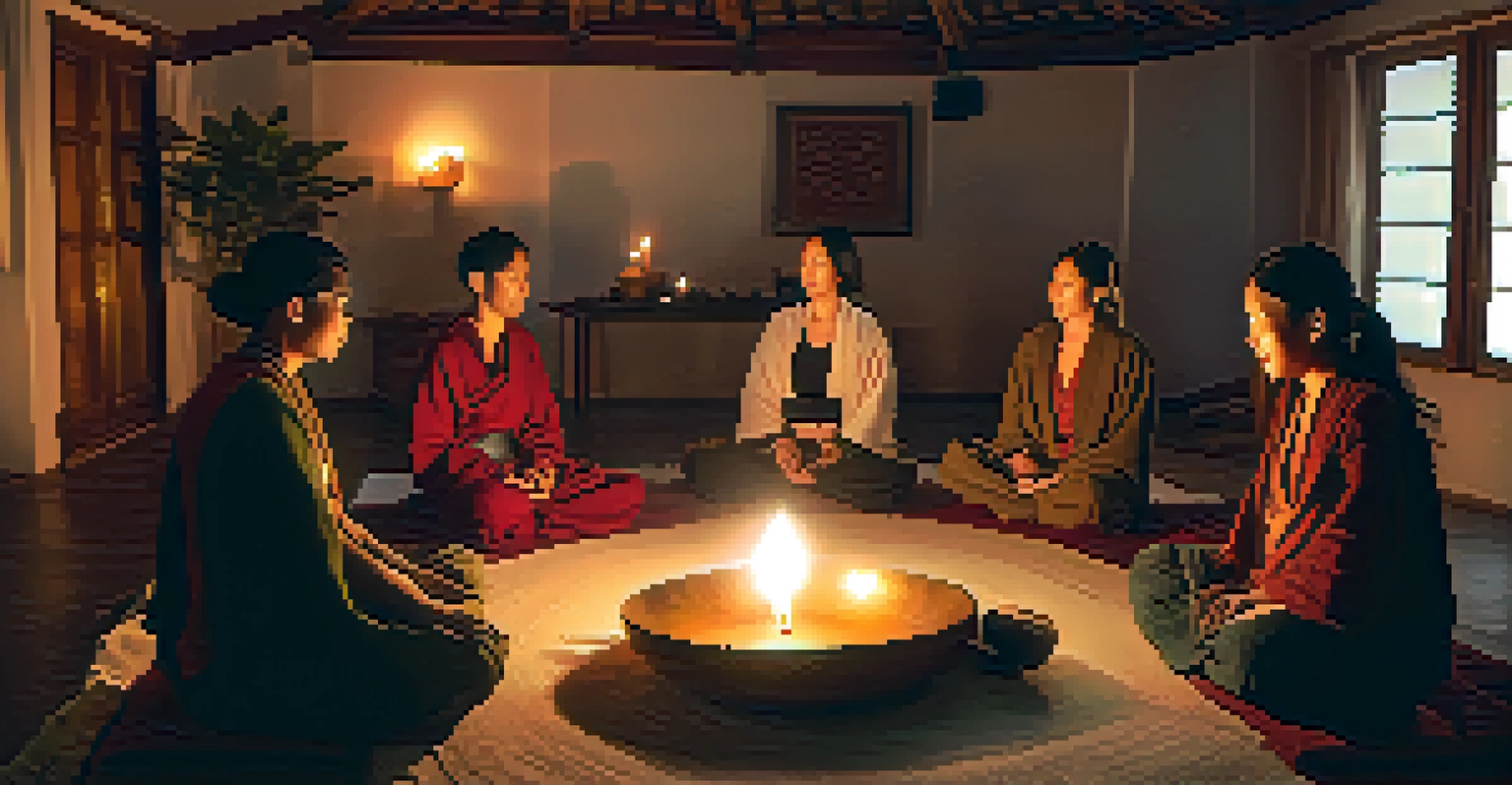 Participants in a circle around Tibetan singing bowls in a cozy, candlelit space, experiencing sound healing.