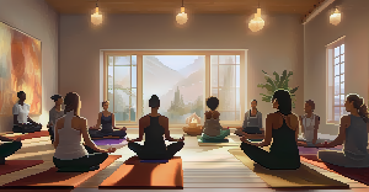 A tranquil indoor yoga studio with participants meditating on mats, surrounded by warm lighting and candles, creating a soothing environment.