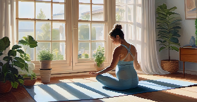 An expecting mother practicing Cat-Cow pose in a bright and serene room decorated with plants and soft colors.