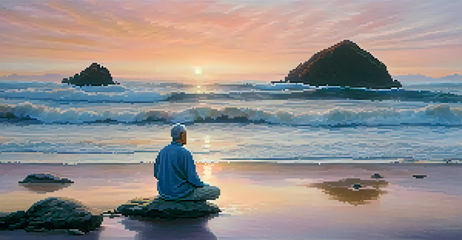 A man over 40 meditating on a beach at sunrise with soft colors in the sky and gentle waves.