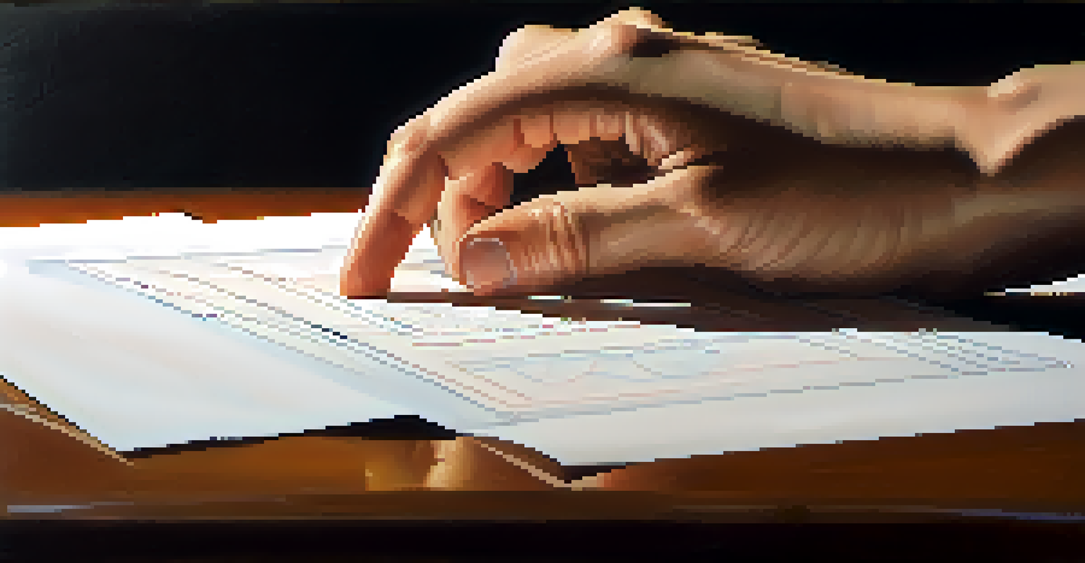 Close-up of hands counting breaths for box breathing on paper with a diagram in a softly blurred background.