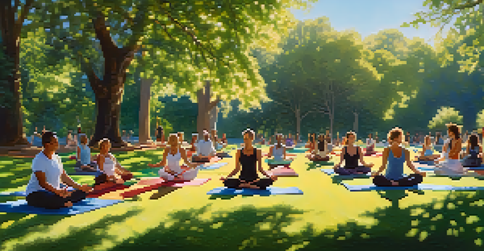 A diverse group of people practicing yoga in a sunny park surrounded by trees and blue sky.
