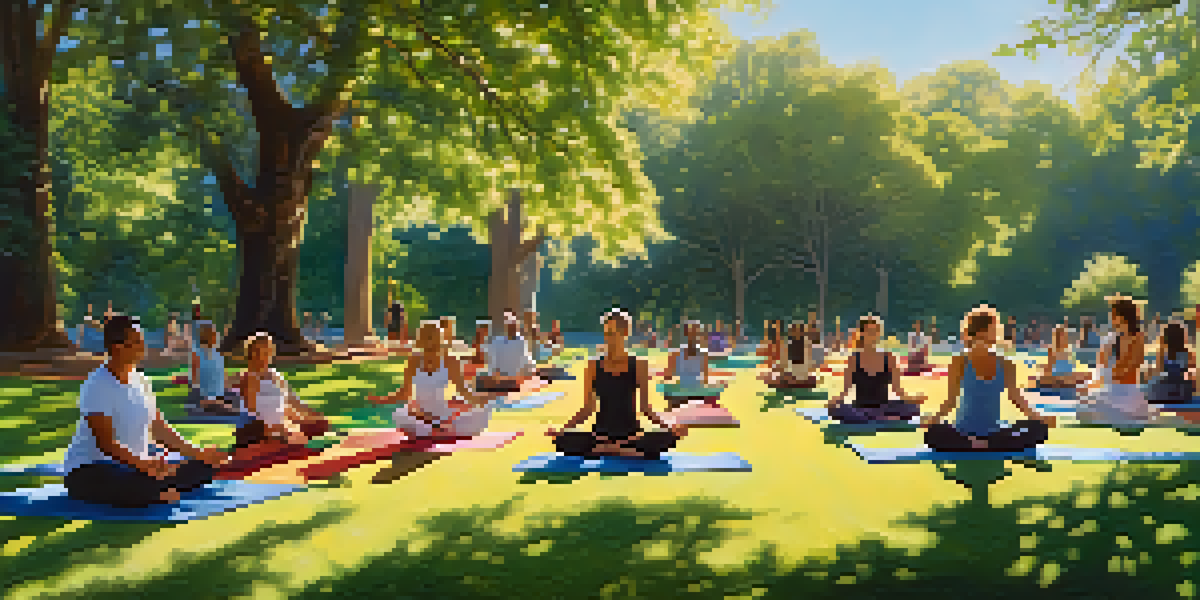 A diverse group of people practicing yoga in a sunny park surrounded by trees and blue sky.