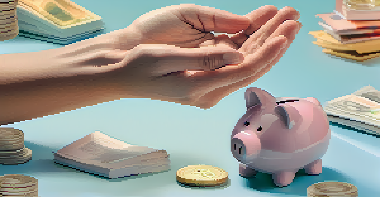Close-up of hands in a meditation gesture with floating images of financial goals in a calming background.
