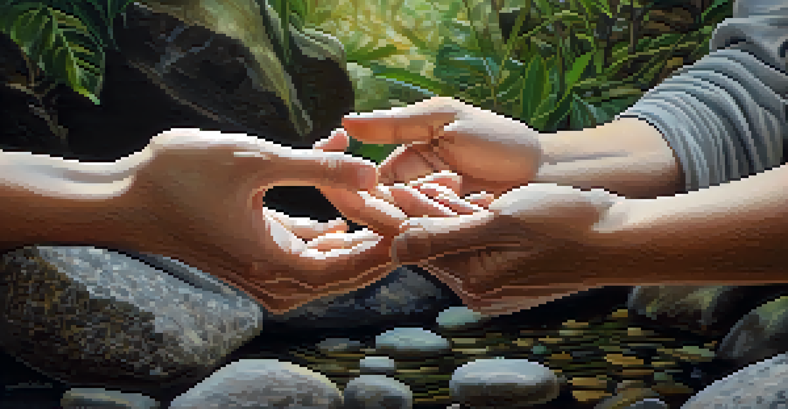 Close-up of two hands in a yoga pose, with a blurred background of natural elements, symbolizing connection and mindfulness.