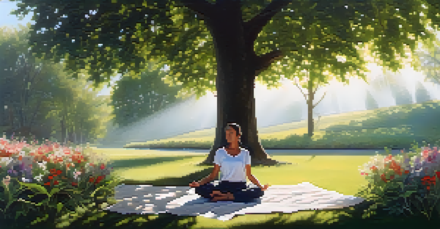 A person meditating outdoors on grass, surrounded by trees and flowers, with sunlight filtering through the leaves, creating a serene atmosphere.