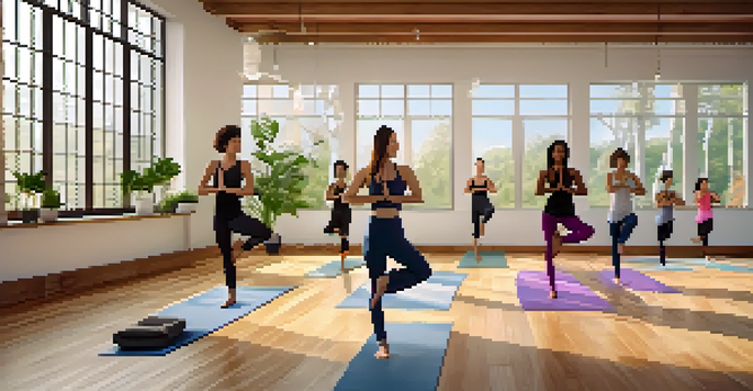 A diverse group of individuals practicing Power Yoga in a bright yoga studio with wooden floors and plants, all in Warrior II pose.