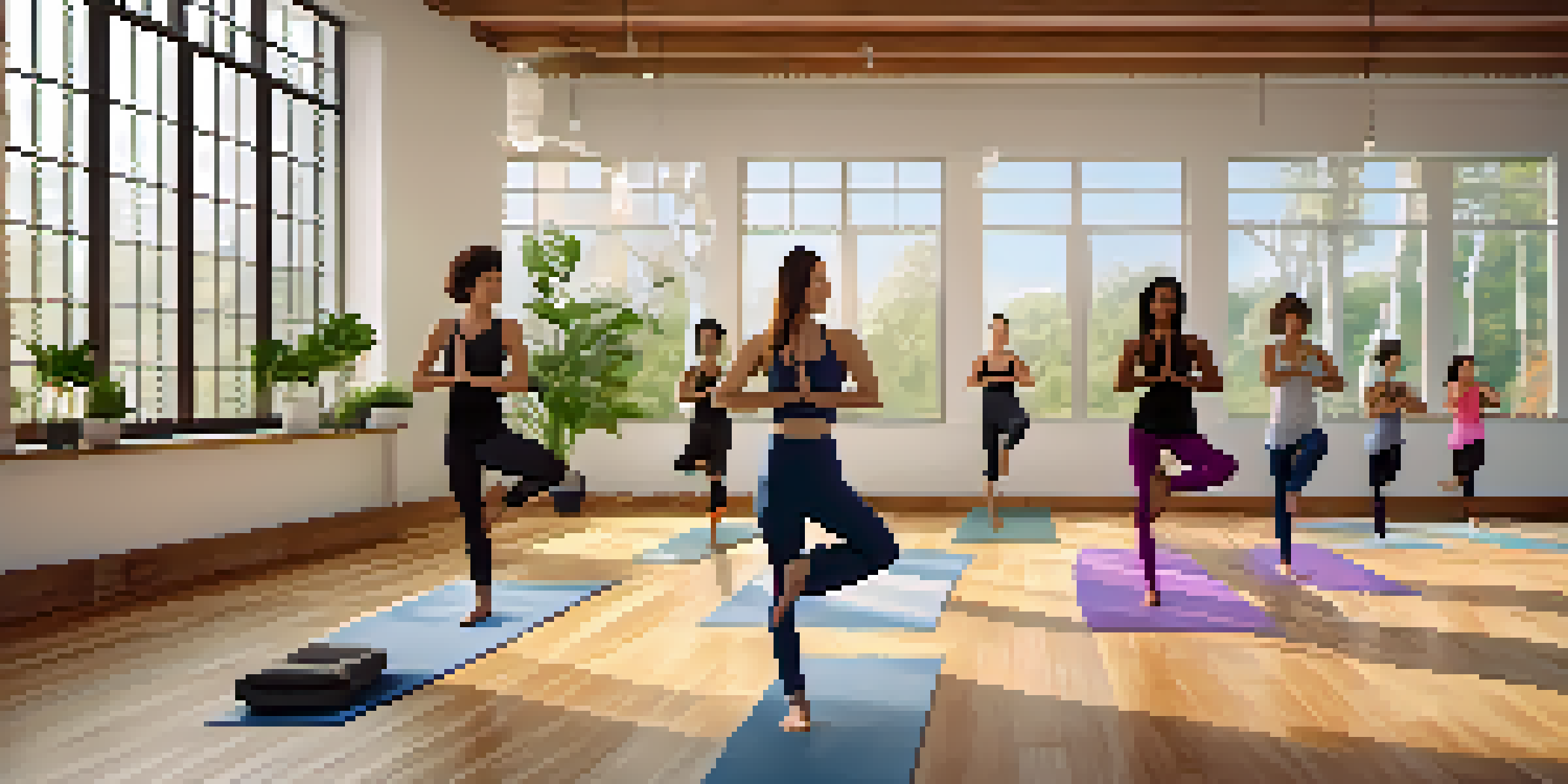 A diverse group of individuals practicing Power Yoga in a bright yoga studio with wooden floors and plants, all in Warrior II pose.