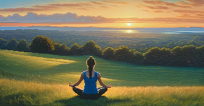 A person practicing yoga on a hill at sunset, with a scenic skyline view.